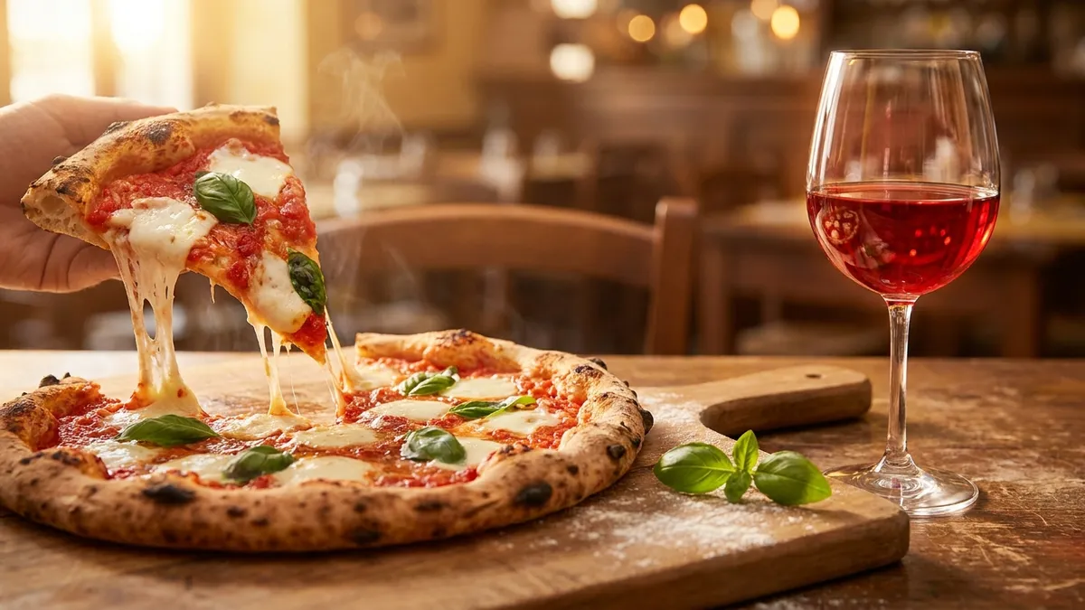 A slice of Margherita pizza lifted with a mozzarella cheese pull, beside a glass of bright ruby Sangiovese-style red wine on a rustic trattoria table