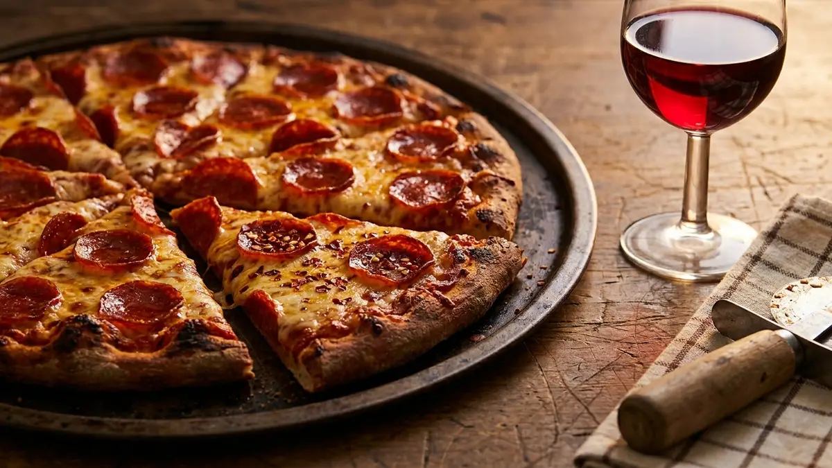 A pepperoni pizza with charred crust next to a glass of medium-bodied dark ruby red wine on a wooden table