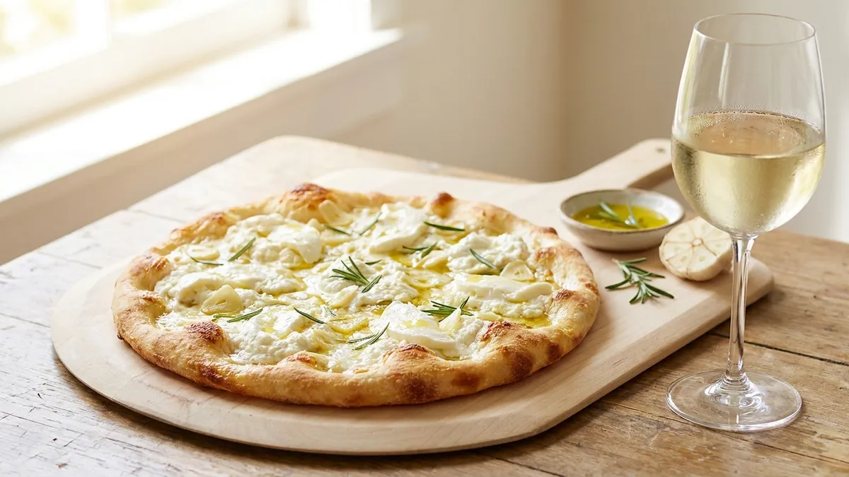 A white pizza with ricotta and garlic beside a chilled glass of pale straw-colored white wine