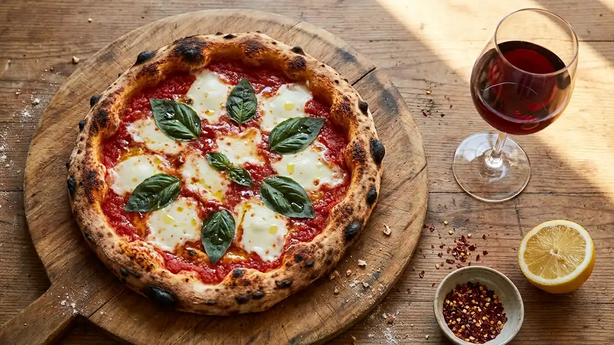 A wood-fired pizza with a glass of red wine on a rustic table