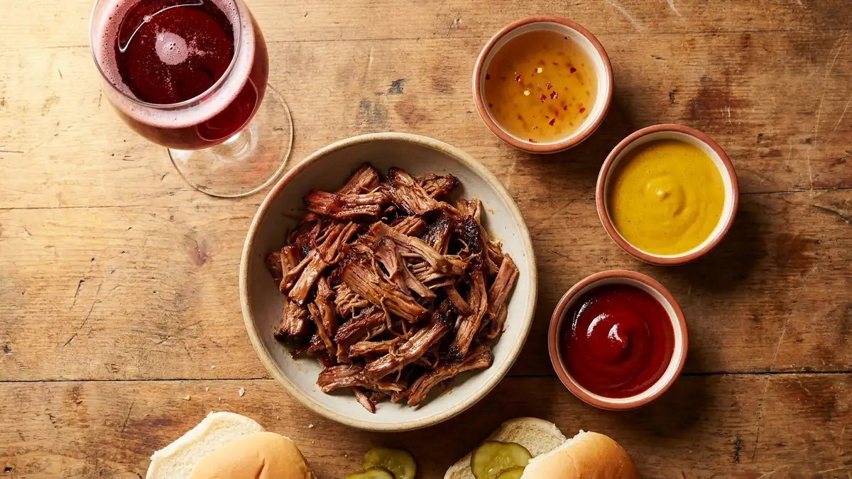 Bowl of smoky pulled pork next to ramekins of vinegar, mustard and tomato barbecue sauce and a glass of sparkling red wine