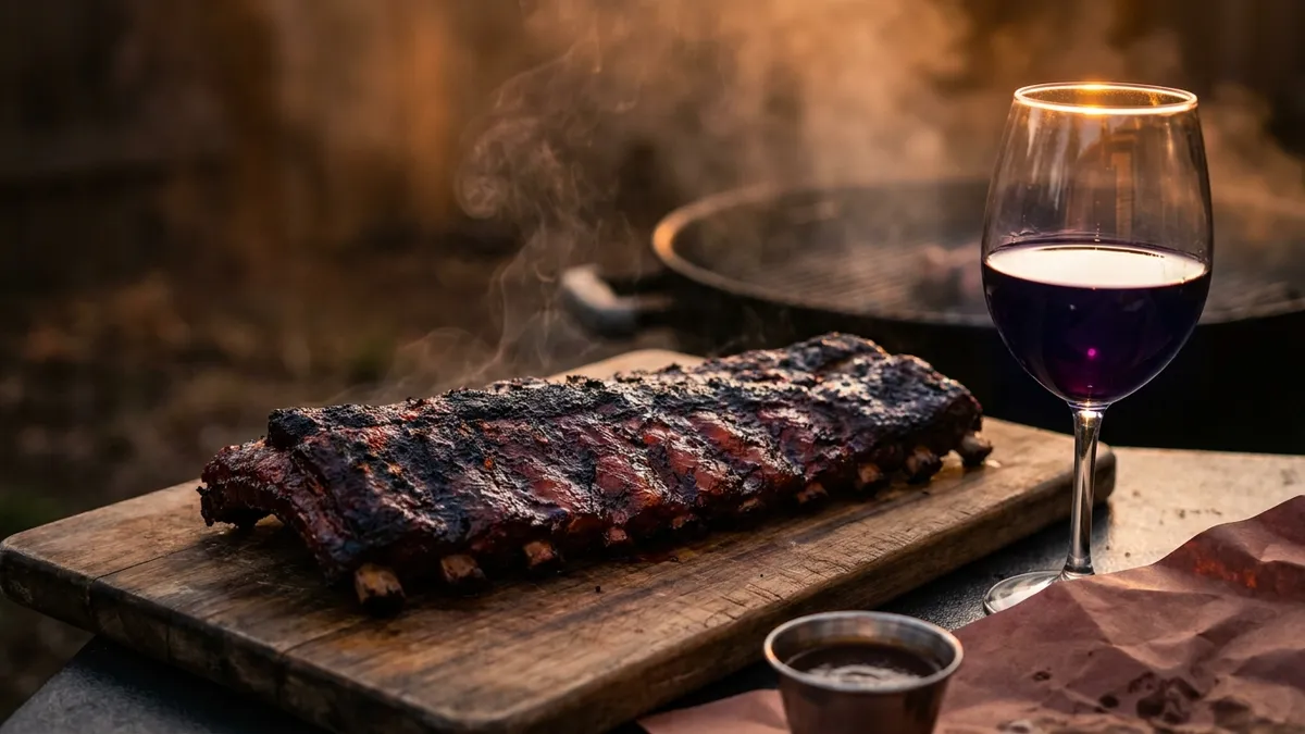 Glazed barbecue pork ribs with charred edges on a wooden board beside a glass of deep purple-red wine