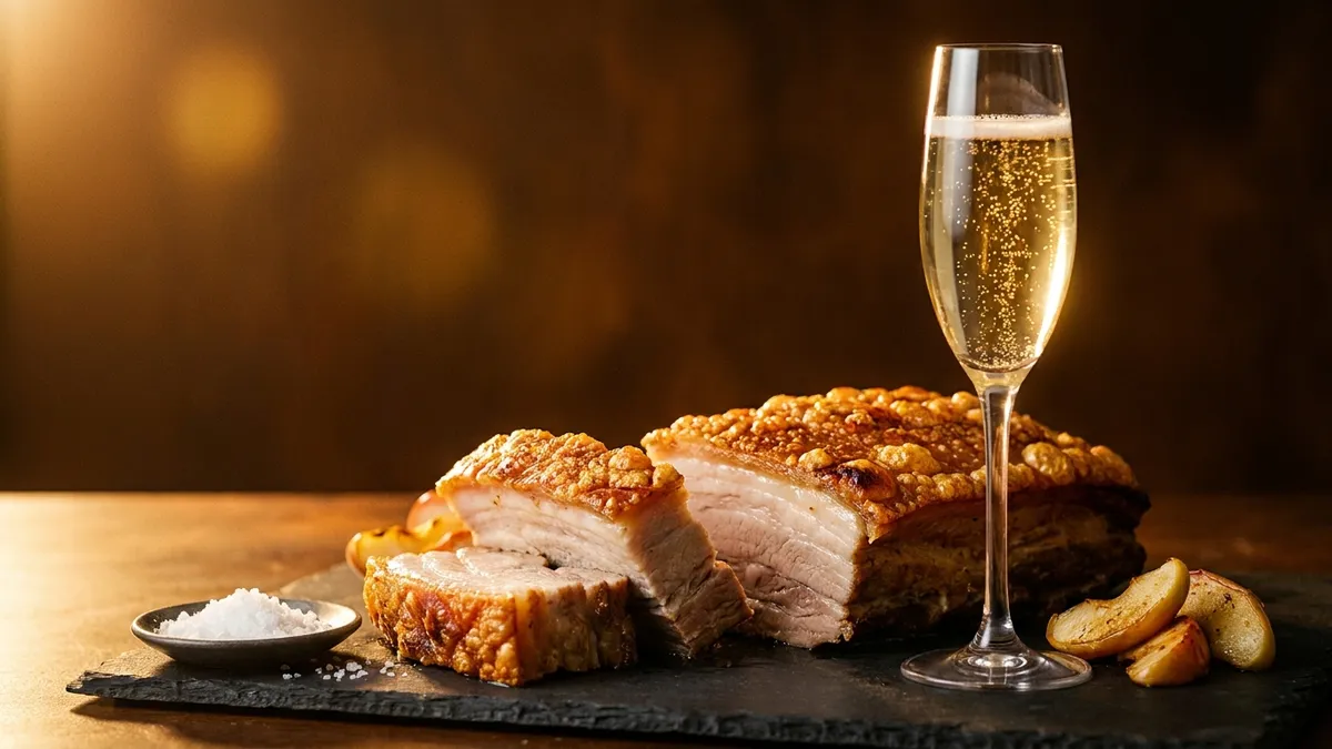 Squares of slow-roasted pork belly with blistered golden crackling on a slate board beside a flute of pale sparkling wine