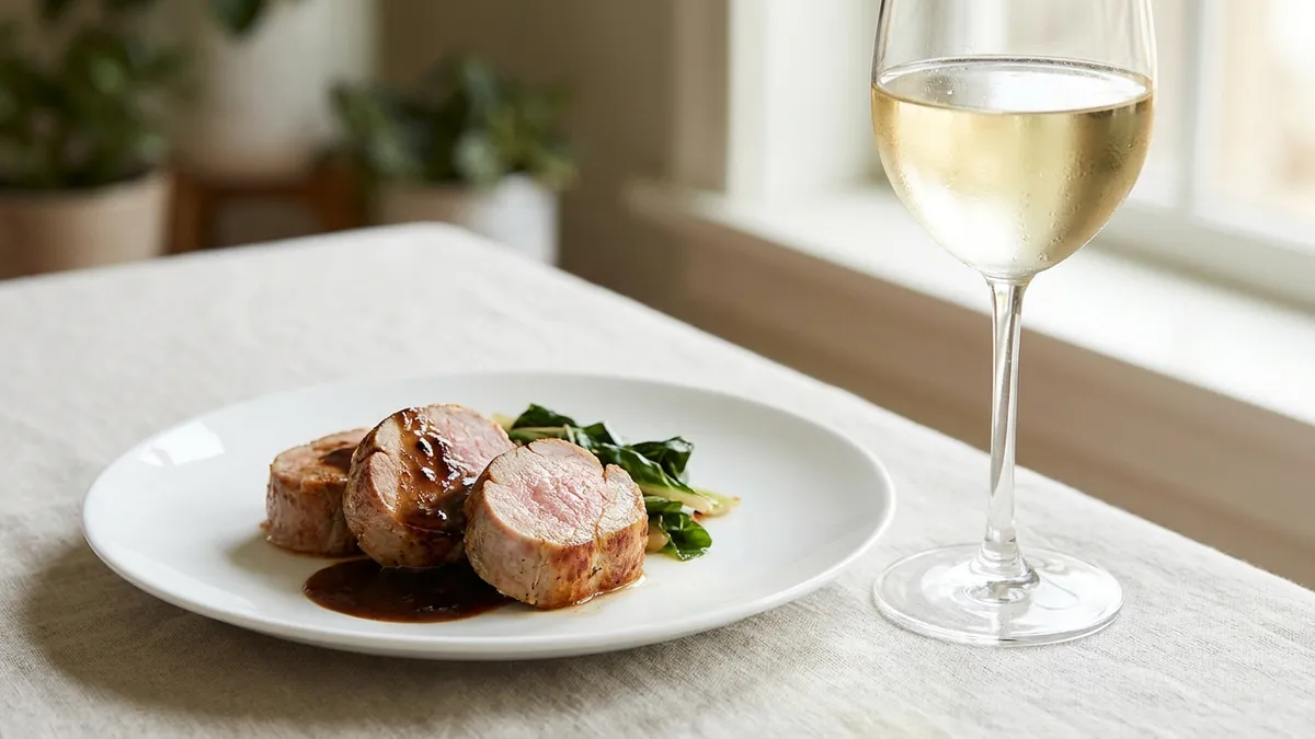Pan-seared pork tenderloin medallions on a white plate beside a glass of chilled pale gold white wine