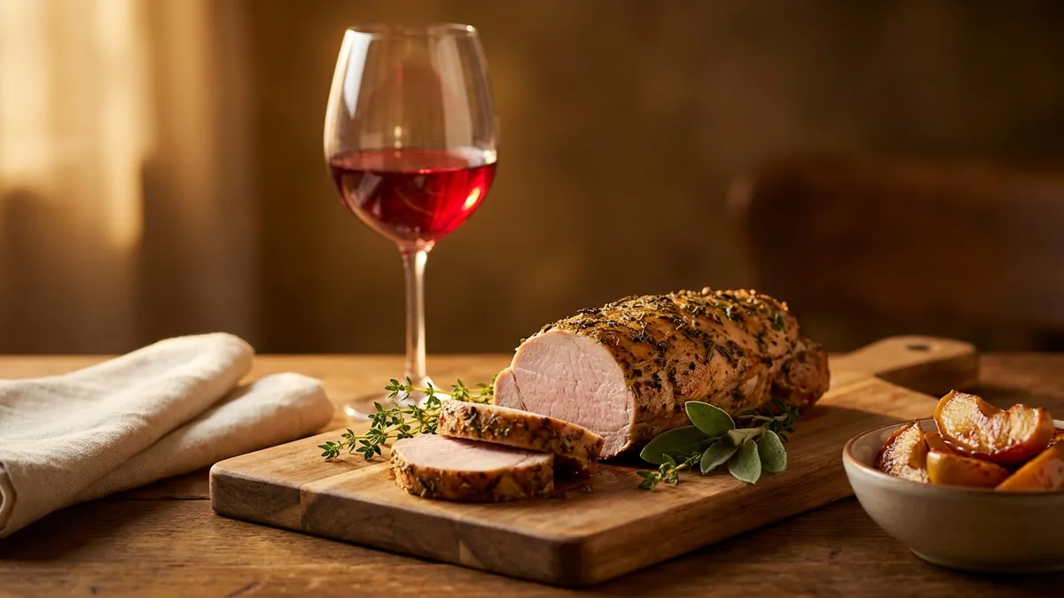 Sliced roast pork tenderloin with a golden herb crust on a wooden board beside a glass of light ruby red wine