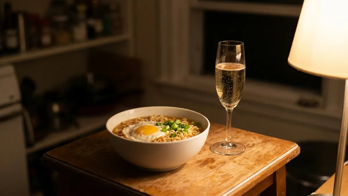 A late-night bowl of instant ramen with a fried egg and scallions beside a glass of pale sparkling wine