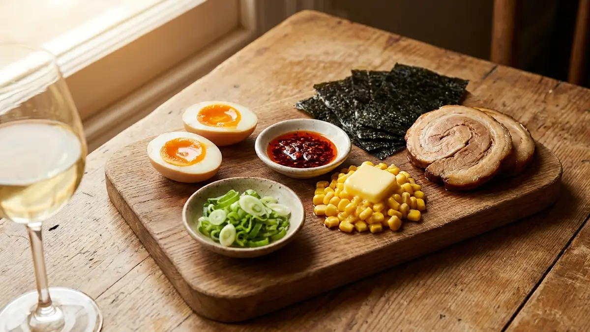A board of ramen toppings: halved soft eggs with orange yolks, scallions, a dish of red chili oil, buttered corn, nori and sliced pork