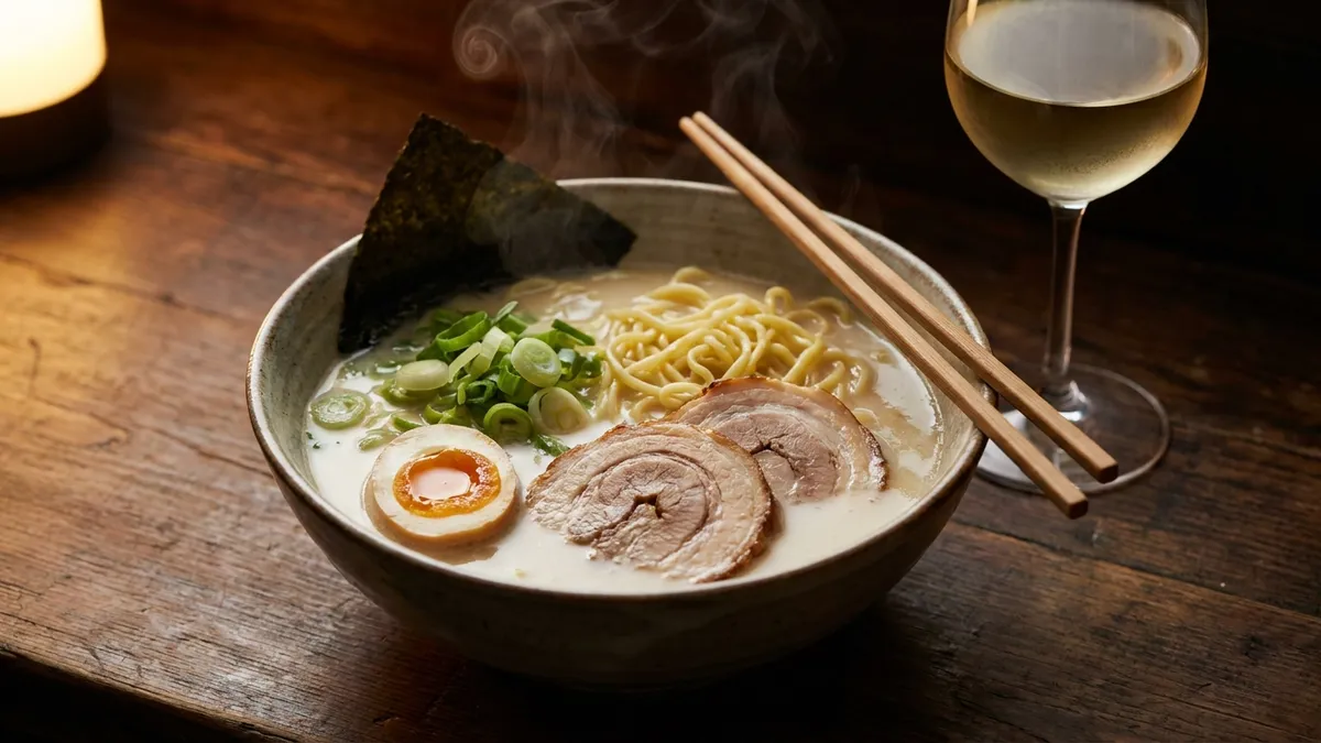 A steaming bowl of creamy pork-bone ramen with egg, pork and scallions beside a glass of pale white wine