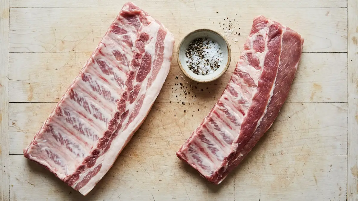 A long flat rack of fatty pork spare ribs beside a shorter curved rack of lean baby back ribs on a wooden butcher block
