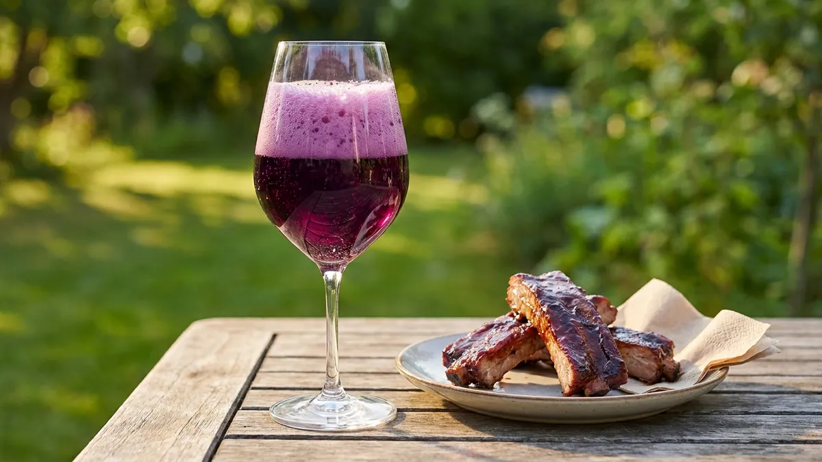 A glass of foaming purple-ruby sparkling red wine on an outdoor table beside a small plate of sticky glazed rib pieces