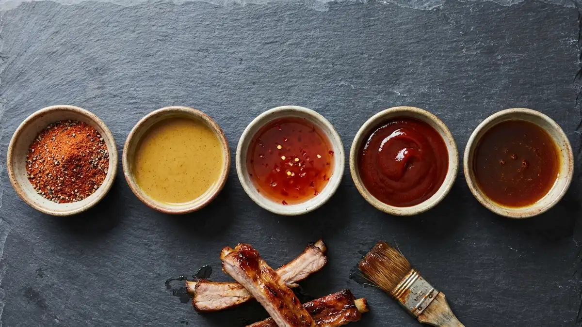 Five small bowls of barbecue rib finishes in a row, from dry spice rub through mustard and vinegar sauces to thick tomato sauce and sticky honey glaze