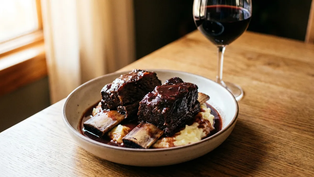 Two braised beef short ribs on the bone in a glossy dark sauce over mashed potatoes, with a glass of deep purple-black red wine behind