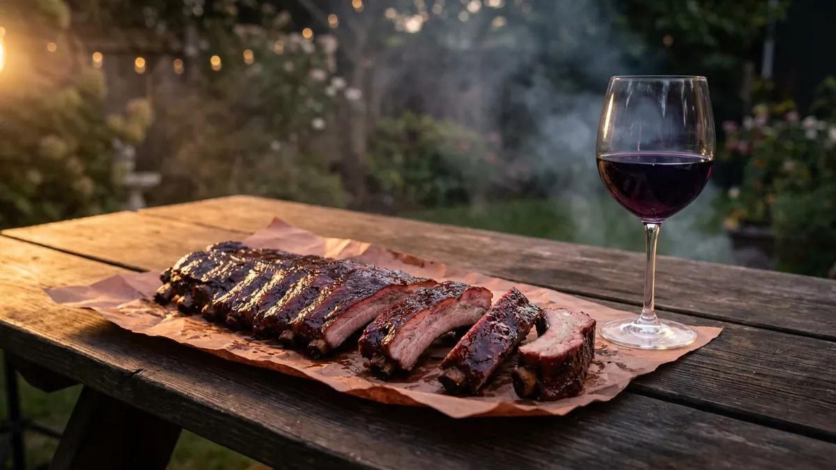 A rack of smoked pork spare ribs with a glossy dark glaze on butcher paper beside a glass of deep purple-red wine
