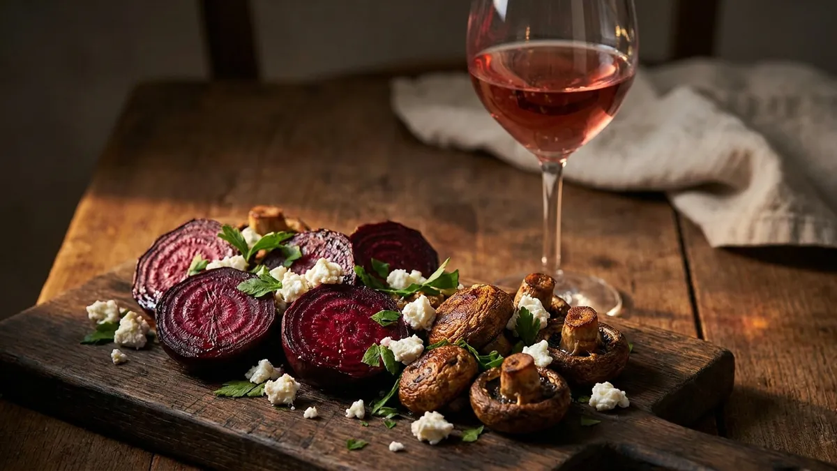 Halved roasted red beetroots and browned mushrooms with crumbled goat cheese on a dark board, a glass of pale red wine behind them