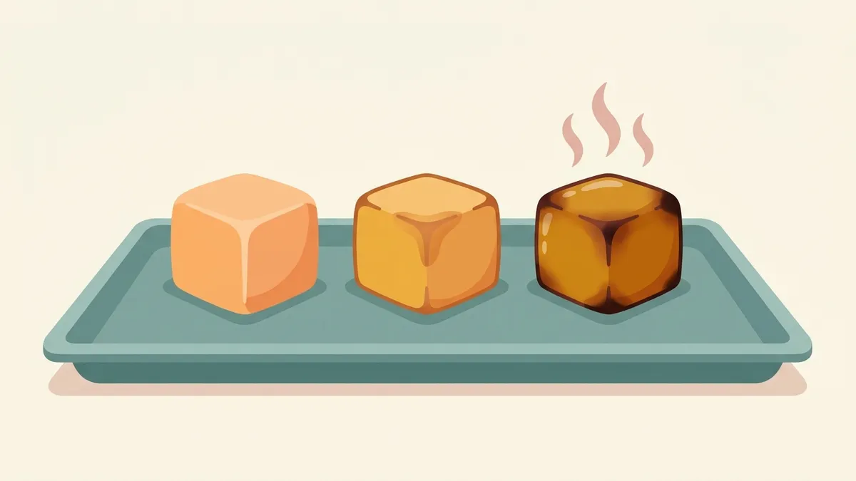 Three cubes of butternut squash in a row, from pale and raw-looking to golden to deeply caramelised with dark edges