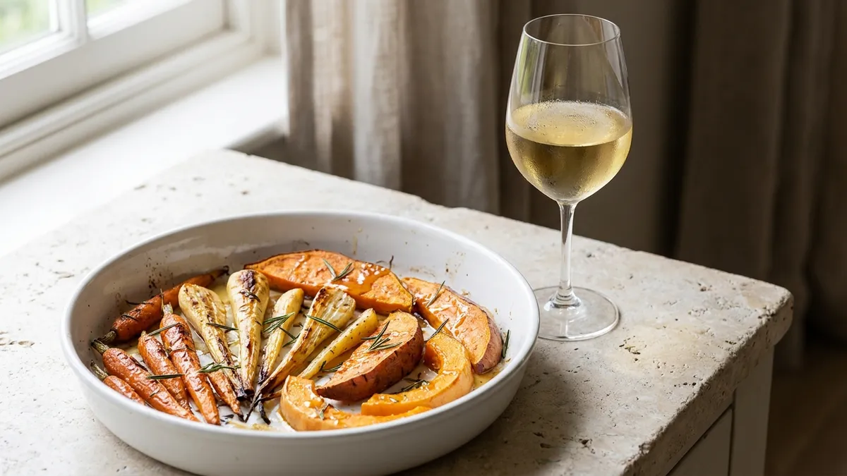 A white baking dish of roasted carrots, parsnips and sweet potato with sticky browned edges, beside a glass of pale golden white wine