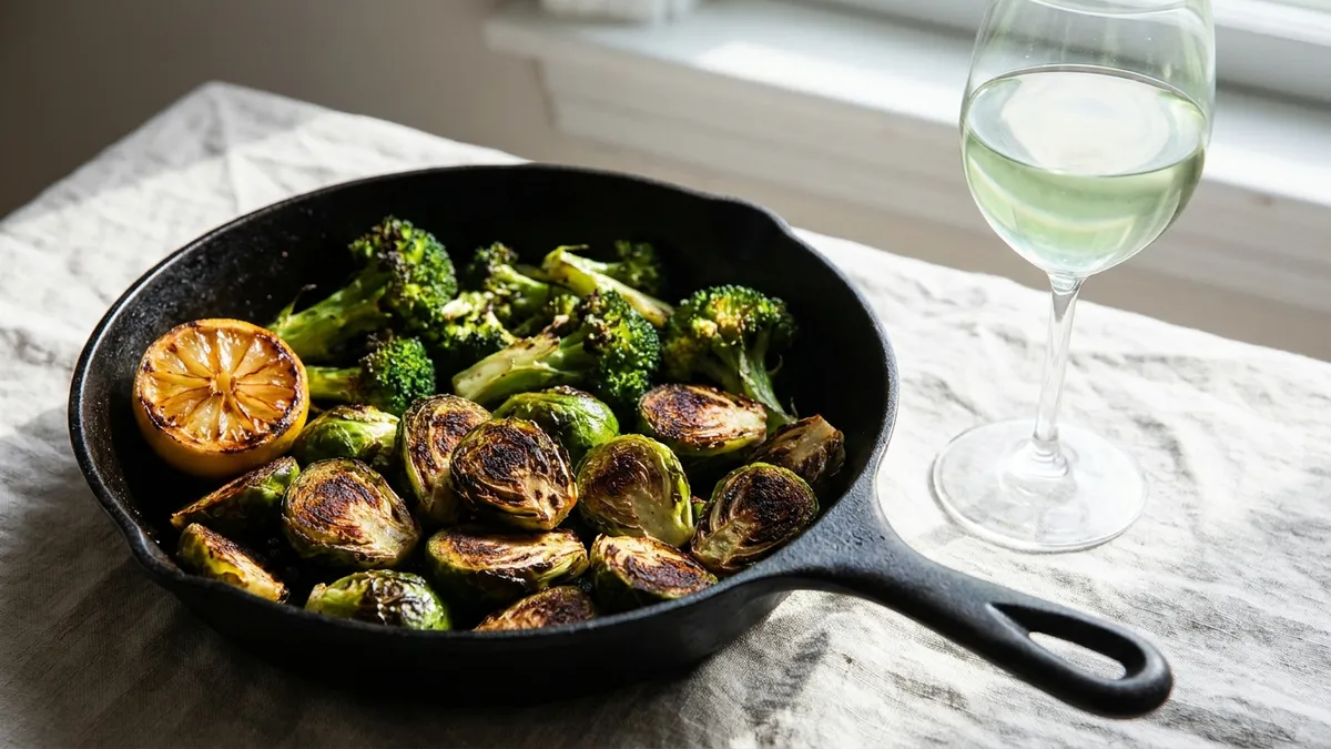Halved Brussels sprouts charred dark in a cast-iron skillet with broccoli florets and half a lemon, a glass of pale green-tinged white wine beside it