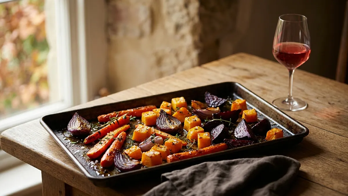 A sheet pan of deeply browned carrots, squash, red onion and beetroot glossy with olive oil, a glass of pale red wine beside it on an oak table