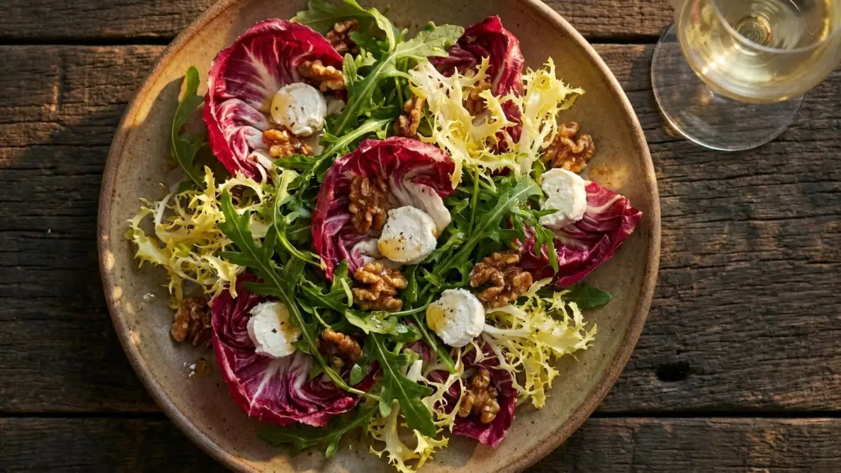 Radicchio, arugula and frisée topped with crumbled goat cheese and walnuts, with a glass of pale white wine at the edge