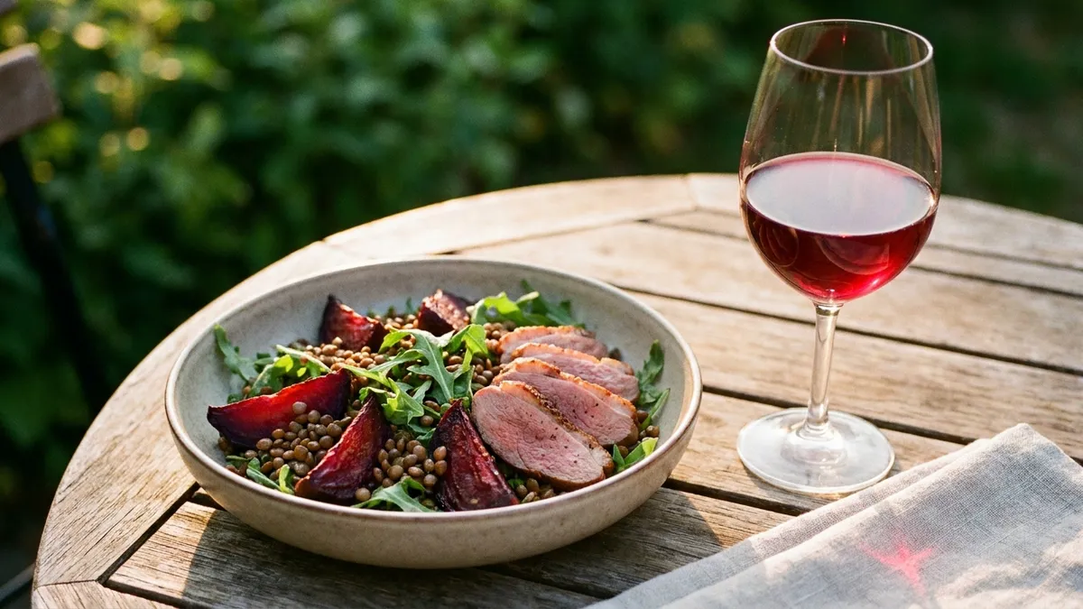 A warm salad of roasted beetroot, lentils, rocket and sliced duck beside a glass of light ruby red wine in evening light