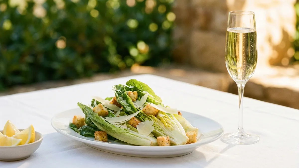 A Caesar-style salad of crisp romaine and croutons beside a flute of pale golden sparkling wine on a sunny terrace