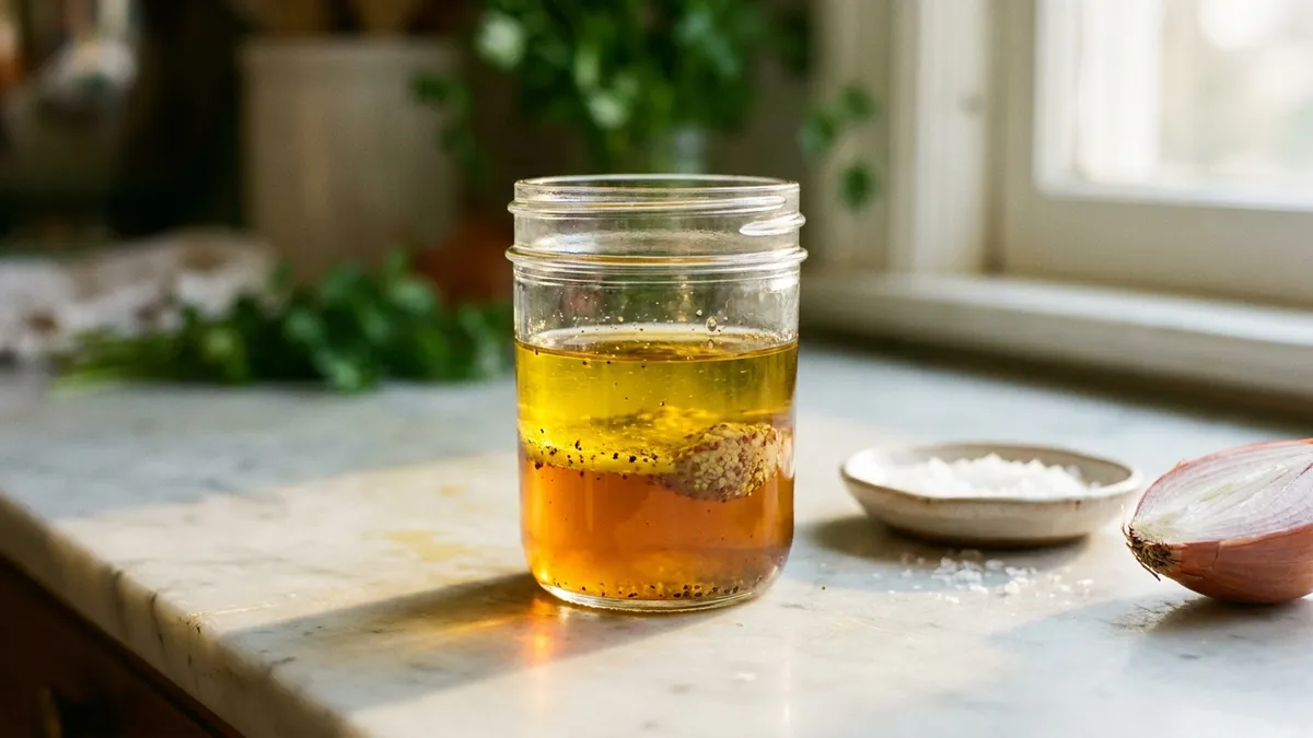 A small jar of vinaigrette with golden olive oil floating above a layer of amber vinegar on a marble counter