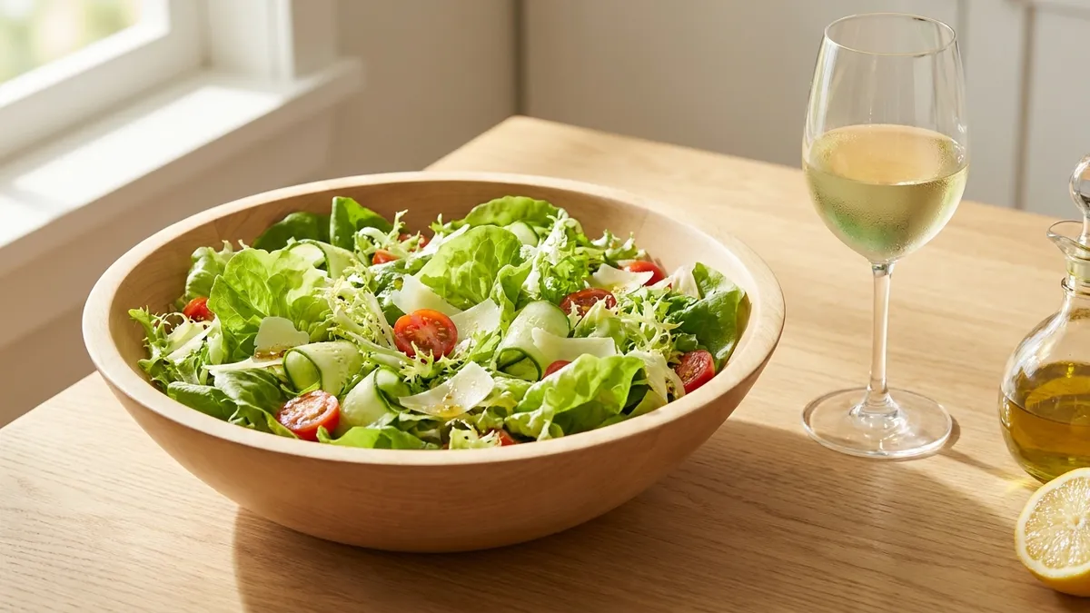 A wooden bowl of dressed green salad beside a glass of pale white wine on a sunlit oak table
