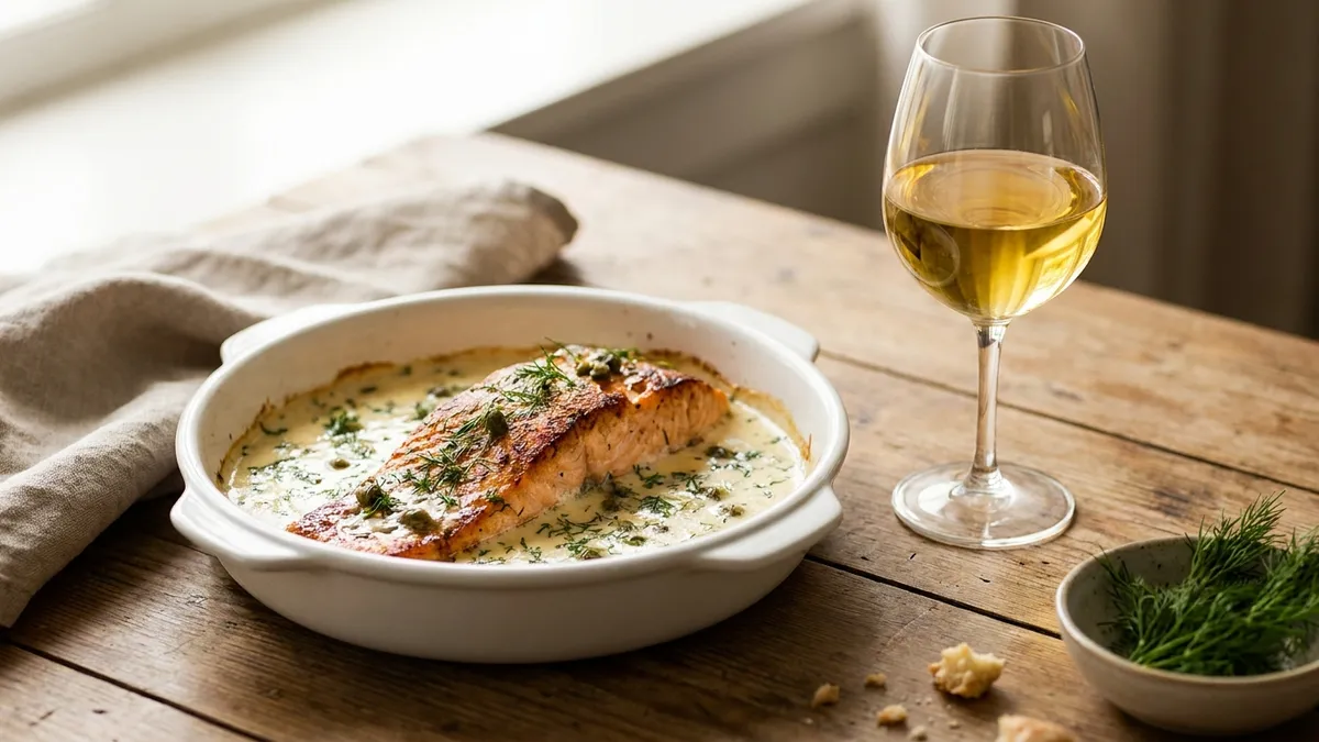 A baked salmon fillet in a pale cream and dill sauce in a ceramic dish, beside a glass of golden white wine