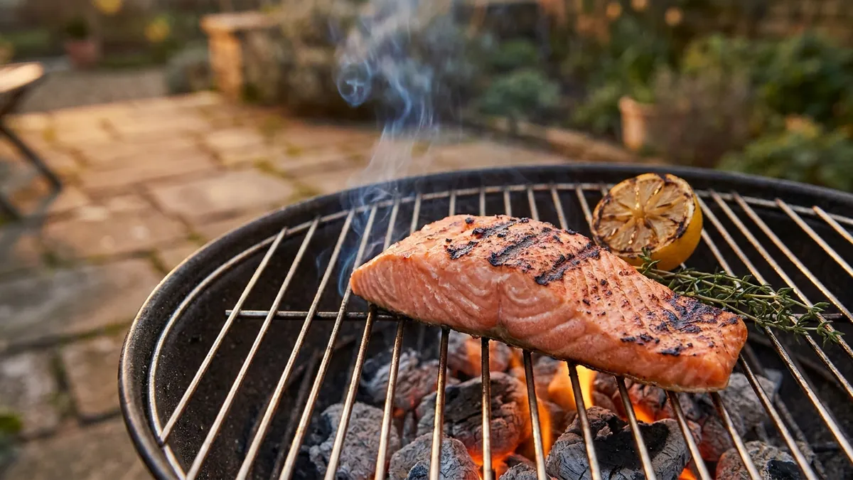 A thick salmon fillet with dark grill marks on a hot charcoal grill, a thin wisp of smoke rising