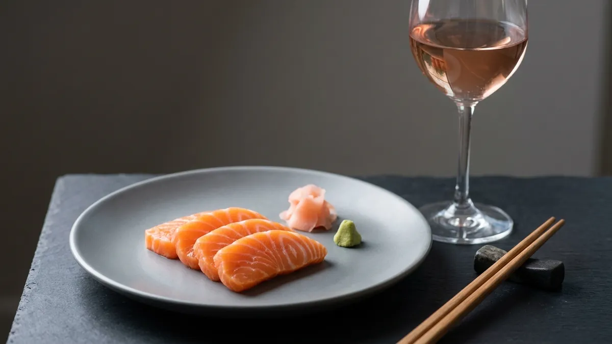 Slices of raw salmon sashimi on a plain ceramic plate beside a glass of pale pink dry rosé