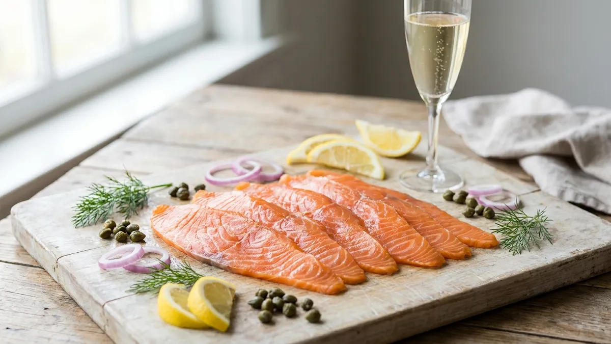 Thin slices of cold-smoked salmon fanned on a wooden board with capers, lemon wedges and dill, next to a flute of pale sparkling wine