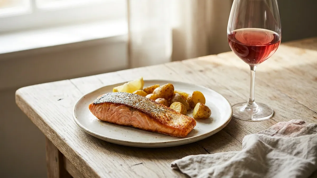 A seared salmon fillet with crisp skin on a white plate beside a glass of pale, translucent red wine in soft window light
