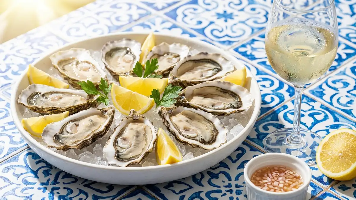 Fresh seafood platter with oysters, shrimp, and grilled fish alongside glasses of white wine