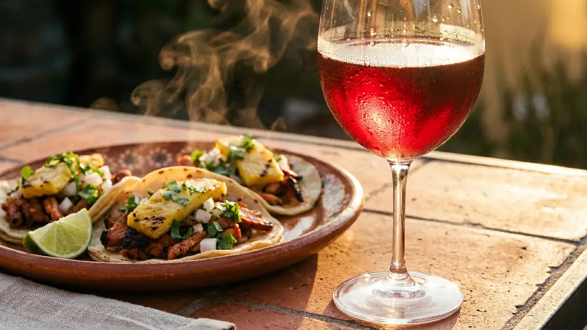 A glass of light, bright red wine beaded with condensation beside a plate of tacos al pastor with pineapple and cilantro on a terracotta table in warm evening light