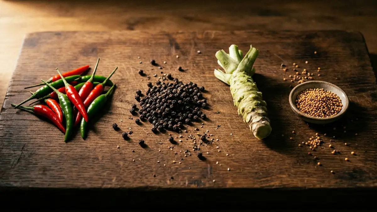 A rustic wooden board with fresh red and green chilies, a mound of whole black peppercorns, a knob of fresh wasabi root, and a small dish of yellow mustard seeds in warm side light