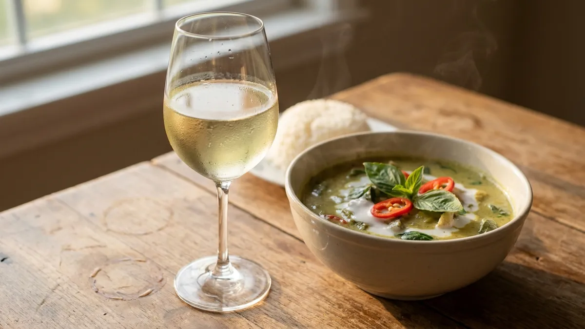 A glass of pale, chilled off-dry Riesling with condensation beside a bowl of Thai green curry with coconut cream, Thai basil, and sliced red chili on a warm wooden table
