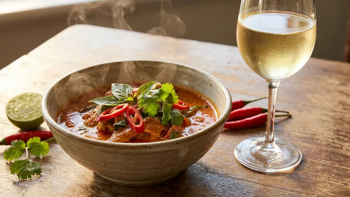 Colorful spicy dishes with chili peppers alongside glasses of white and rose wine