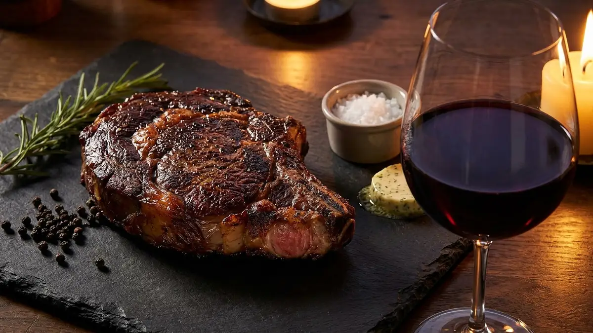 Grilled steak on a wooden board with a glass of red wine and fresh herbs