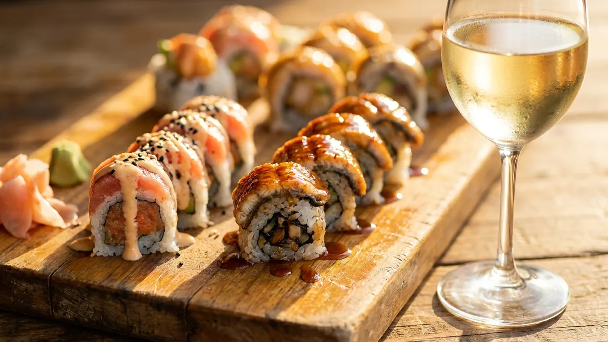 A selection of maki rolls including a spicy tuna roll and a glazed eel roll on a wooden board beside a glass of chilled off-dry white wine in warm light