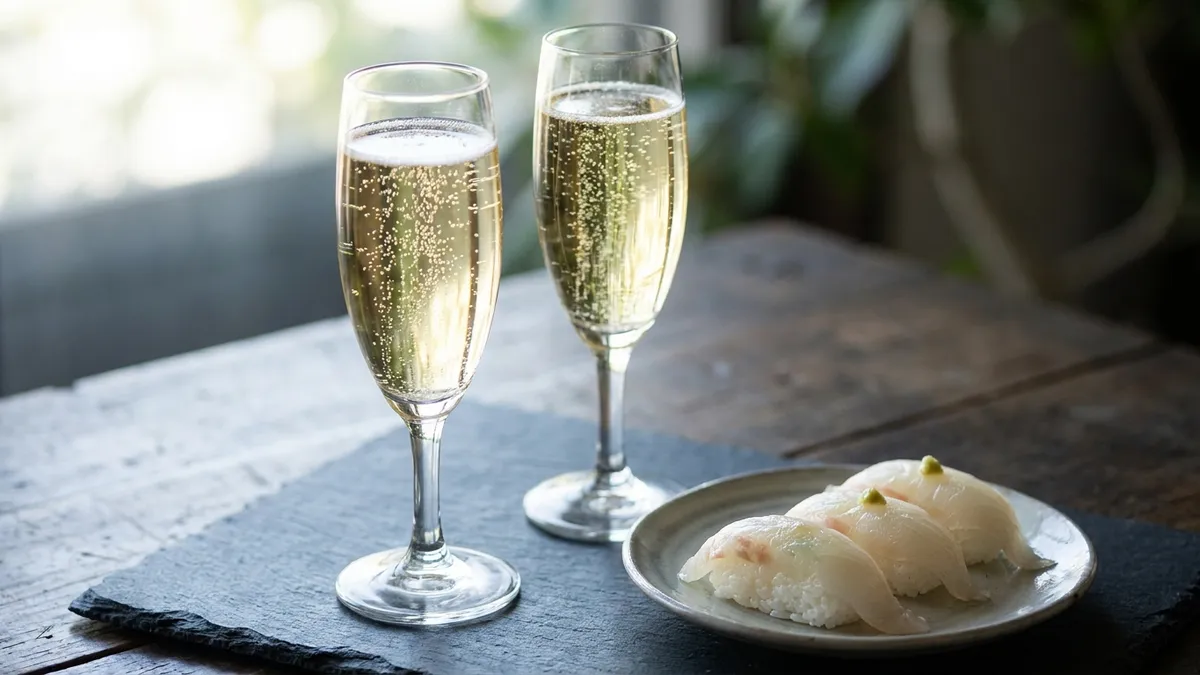 Two flutes of pale golden sparkling wine with fine rising bubbles beside a plate of fresh white-fish nigiri on a dark slate board in soft natural light