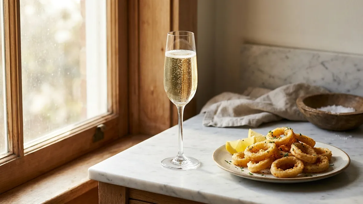 A tall glass of pale sparkling wine with fine bubbles beside a plate of golden fried calamari rings and lemon wedges