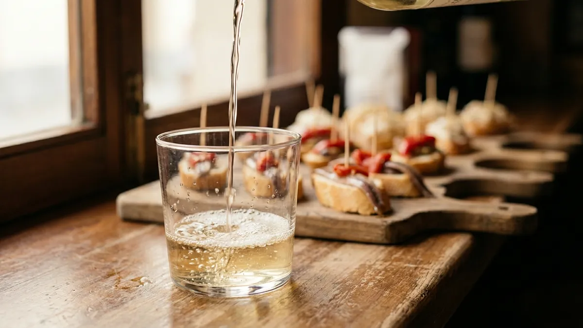 A thin stream of pale white wine falling from high above into a straight tumbler on a bar counter, catching the light