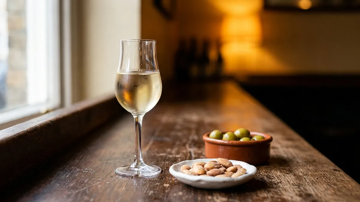 A small tulip glass of pale golden fino sherry beside a dish of salted almonds and green olives on a dark bar counter