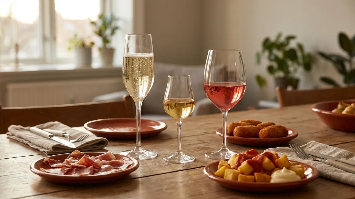 Three glasses on a tapas table, one sparkling, one pale golden sherry and one rosado, among small dishes of ham, croquetas and patatas bravas
