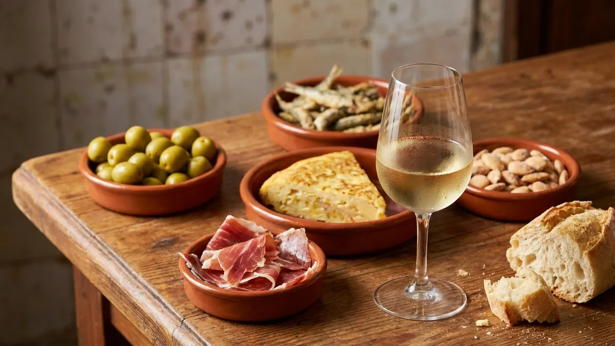 Small clay dishes of olives, sliced cured ham, fried fish and potato tortilla on a wooden bar table with a glass of pale golden wine