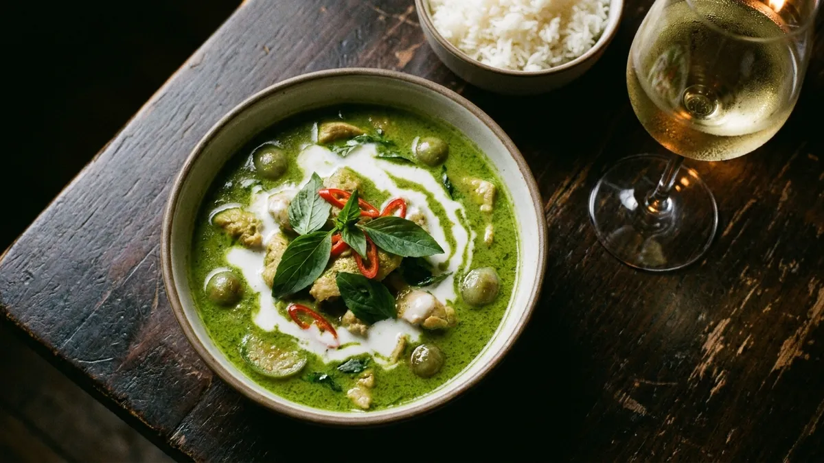 An overhead bowl of Thai green curry with a swirl of coconut cream, Thai basil leaves, and sliced red chili beside a stemmed glass of chilled pale-gold Riesling on a dark wooden table