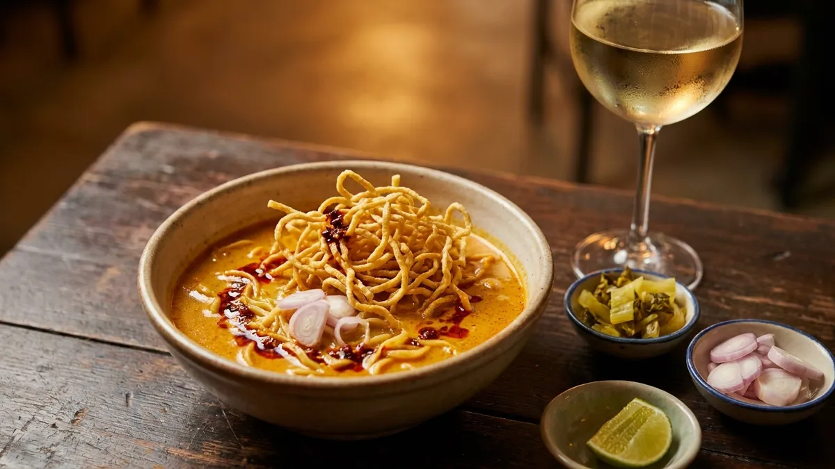 A bowl of khao soi with golden coconut curry broth, a nest of crispy fried noodles on top, pickled mustard greens, shallots, and a lime wedge on the side, with a chilled glass of pale white wine behind