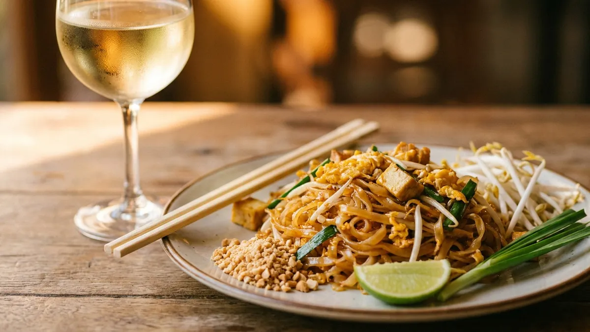 A plate of pad thai with a glossy tamarind sheen, bean sprouts, crushed peanuts, and a lime wedge beside a chilled glass of pale off-dry white wine on a warm wooden table