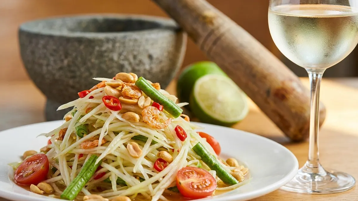 A close-up of shredded green papaya salad with cherry tomatoes, peanuts, dried shrimp, and red chili beside a stone mortar and pestle and a chilled glass of crisp dry white wine