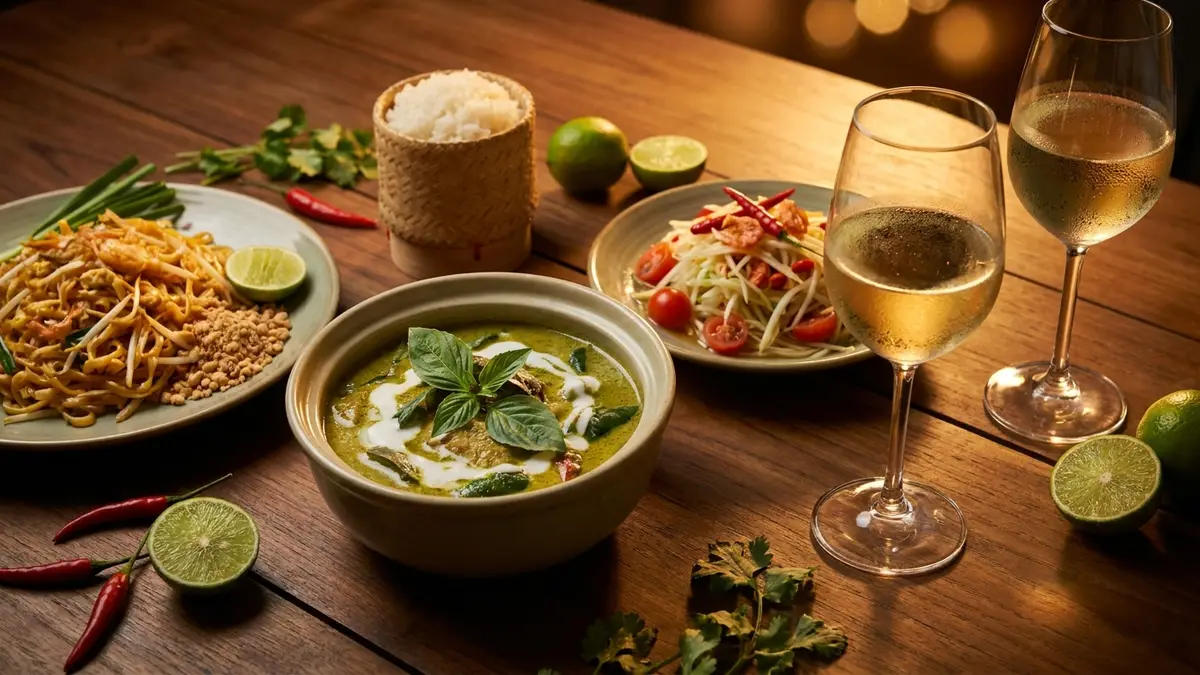 A shared Thai table with green curry, papaya salad, and pad thai beside chilled glasses of pale white wine in warm evening light